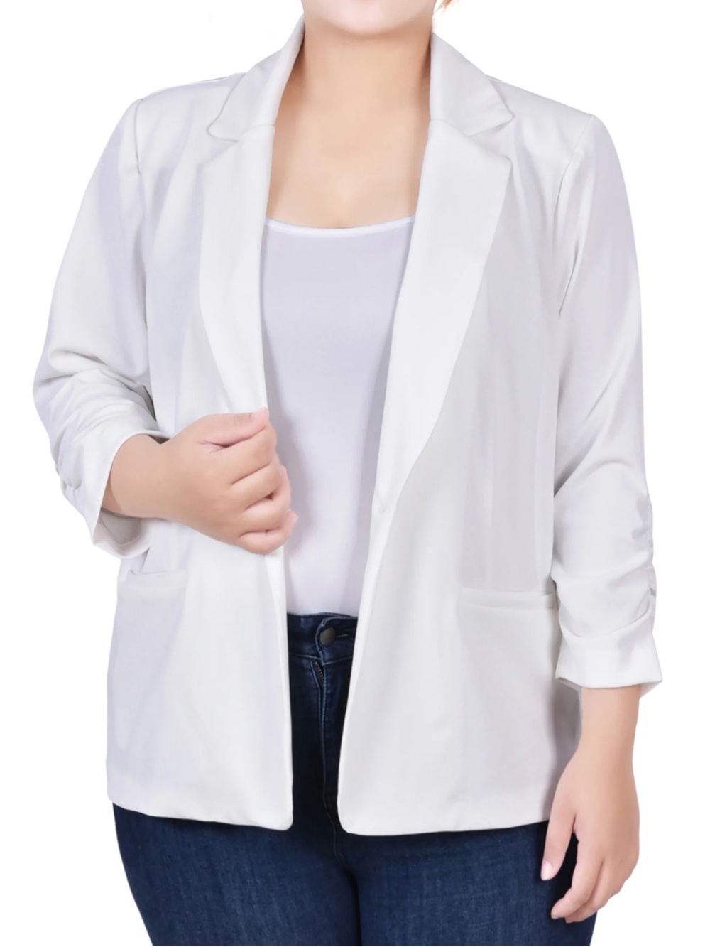 Roz & Ali Dressbarn White Linen Open-Front Blazer Jacket